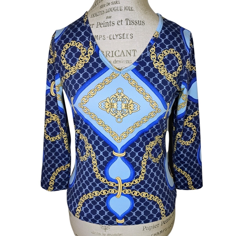 J McLaughlin Top Womens Small Catalina Cloth Blue Stretch Chain Print Equestrian